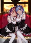  apron bad_id bad_pixiv_id bare_shoulders black_dress blue_eyes blue_hair couch detached_sleeves dress evening hair_ornament highres indoors kyanoko_(rakalirica) light_smile lips looking_at_viewer maid multiple_girls pantyhose pink_eyes pink_hair ram_(re:zero) re:zero_kara_hajimeru_isekai_seikatsu rem_(re:zero) serious short_dress short_hair siblings sisters sitting smile twins waist_apron white_legwear wide_sleeves window x_hair_ornament 