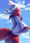  bangs blue_sky blunt_bangs closed_eyes cloud cloudy_sky cowboy_shot day fur gloves head_wings japanese_crested_ibis_(kemono_friends) kemono_friends koruta_(nekoimo) long_sleeves miniskirt multicolored_hair music open_mouth outdoors pantyhose profile red_gloves red_hair red_skirt singing skirt sky solo tail two-tone_hair white_hair wide_sleeves 