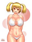  bikini blonde_hair blush breasts cleavage commentary_request headphones highres huge_breasts looking_at_viewer navel nitroplus open_mouth orange_eyes plump short_hair smile solo super_pochaco swimsuit taikyokuturugi twintails 