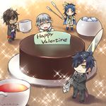  black_gloves black_hair blue_hair brown_hair cake cape chocolate_cake creamer_(vessel) cup eyepatch feathers food gloves hair_feathers happy_valentine knife kurarin male_focus miniboy multiple_boys necktie ookurikara open_mouth partly_fingerless_gloves shokudaikiri_mitsutada shorts smile sparkle sugar_cube taikogane_sadamune tea teacup tongs touken_ranbu tsurumaru_kuninaga valentine white_hair yellow_eyes 