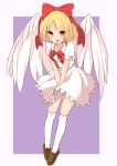  1girl angel_wings blonde_hair bow brown_eyes brown_footwear character_request dress dress_tug full_body hair_bow highres inon open_mouth ribbon shoes short_hair solo thighhighs touhou v_arms white_dress white_legwear wind wind_lift wings 