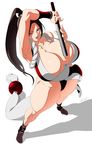  armpits ass bad_id bad_pixiv_id breasts brown_eyes brown_hair cleavage fan fatal_fury high_ponytail huge_breasts long_hair noriheita parted_lips shadow shiranui_mai simple_background solo the_king_of_fighters thick_thighs thighs white_background 