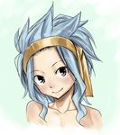  bare_shoulders black_eyes blue_background blue_hair breasts cleavage closed_mouth collarbone fairy_tail hair_ribbon head_tilt levy_mcgarden long_hair looking_at_viewer mashima_hiro official_art portrait ribbon shiny shiny_skin small_breasts smile solo spiked_hair yellow_ribbon 