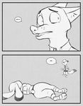  anthro bulletproof_vest canine clothed clothing comic dialogue dipstick_ears disney duo female fox judy_hopps lagomorph lying male mammal mistermead monochrome nick_wilde police_uniform rabbit speech_bubble text uniform wide_eyed zootopia 