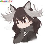  animal_ears antlers arrow brown_eyes character_name copyright_name extra_ears kemono_friends logo long_hair looking_down moose_(kemono_friends) moose_ears multicolored_hair scarf scientific_name simple_background solo translated two-tone_hair upper_body white_background yoshizaki_mine 