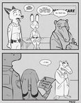  anteater anthro bulletproof_vest canine clothed clothing comic dialogue dipstick_ears disney female fox group hospital judy_hopps lagomorph male mammal mistermead monochrome nick_wilde police_uniform rabbit sitting speech_bubble text uniform zootopia 