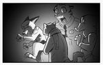  anthro canine clothed clothing comic dialogue dipstick_ears disney duo eyes_closed feline female fox group male mammal mistermead monochrome nick_wilde officer_fangmeyer police_uniform sharp_teeth speech_bubble teeth text tiger tongue uniform wide_eyed wolf wolford zootopia 