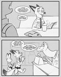  anthro beverage bulletproof_vest camel camelid canine cash_register clothed clothing coffee comic cup dialogue dipstick_ears disney female fox judy_hopps lagomorph male mammal mistermead monochrome necktie nick_wilde police_uniform rabbit sitting speech_bubble teeth text uniform zootopia 