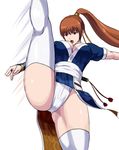  78_(tky8) arm_guards axe_kick bangs breasts brown_eyes brown_hair choker cleavage dead_or_alive fundoshi japanese_clothes kasumi_(doa) large_breasts leg_up long_hair ninja open_mouth pelvic_curtain ponytail sheath sheathed short_sleeves solo thighhighs thighs white_legwear 