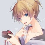  bangs blue_eyes box_of_chocolates brown_hair chocolate collarbone commentary_request finger_licking from_side heart kagamine_len kuroi_(liar-player) licking looking_at_viewer looking_to_the_side male_focus off_shoulder open_clothes solo upper_body valentine vocaloid 