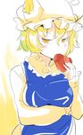  arm_across_waist bangs blonde_hair blush breast_rest breasts chocolate chocolate_heart covering_mouth dress hair_between_eyes half-closed_eyes hat heart long_sleeves looking_at_viewer medium_breasts pillow_hat sinzan solo tabard touhou upper_body valentine white_dress yakumo_ran yellow_eyes 