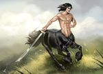  abs aomori centaur cloud equine equine_taur grass hooves male mammal melee_weapon muscular outside solo standing sword taur weapon 