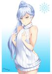  backless_dress backless_outfit bare_shoulders blue_eyes breasts cowboy_shot dress emblem flat_chest gradient gradient_background halterneck long_hair lulu-chan92 meme_attire naked_sweater ponytail ribbed_sweater rwby scar scar_across_eye side_ponytail sideboob solo sweater sweater_dress turtleneck turtleneck_sweater virgin_killer_sweater weiss_schnee white_hair 