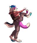  5_fingers anthro barefoot blue_fur blue_hair canine clothed clothing dog duo eyes_closed female fur hair husky male mammal open_mouth pink_hair simple_background smile standing tai_lung_(artist) white_background white_fur 