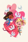  :d artist_name bird blonde_hair brown_hair chibi commentary dark_skin dove eye_of_horus hair_ribbon hairband heart highres mechanical_halo mechanical_wings mercy_(overwatch) multiple_girls open_mouth overwatch pharah_(overwatch) pink_ribbon ribbon signal_flag simple_background smile solid_circle_eyes spread_wings tinysnails valentine wings yellow_wings 