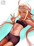  backwards_hat bandeau baseball_cap bike_shorts blonde_hair cameltoe covered_nipples earrings godsh0t hair_through_headwear hat highres jewelry long_hair looking_at_viewer midriff mole mole_under_eye navel original red_eyes solo twintails v 