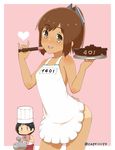  apron black_hair bowl brown_eyes brown_hair capriccyo character_name chef_hat chibi chocolate contrapposto cowboy_shot hat highres i-401_(kantai_collection) kantai_collection maru-yu_(kantai_collection) multiple_girls naked_apron open_mouth plate ponytail sailor_collar school_swimsuit short_hair short_ponytail spatula standing submarine swimsuit tan tanline toque_blanche torpedo twitter_username watercraft white_school_swimsuit white_swimsuit 