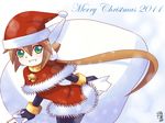  2011 aile bodysuit brown_hair christmas gloves green_eyes long_hair rockman rockman_zx shorts solo spandex za-18 