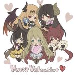  animal_ears arisa_(shadowverse) bangs black_gloves black_hair black_wings blonde_hair blue_eyes blush boots bow box breasts brown_hair cape cerberus_(shingeki_no_bahamut) chocolate closed_mouth dark_angel_olivia dog_ears draph elf forte_(shingeki_no_bahamut) frown gift gift_box gloves green_eyes hair_ornament hair_ribbon hand_puppet heart heart-shaped_box highres horn horns long_hair looking_at_viewer medium_breasts moon_al-mi'raj multiple_girls one_eye_closed pointy_ears puppet red_eyes red_hair ribbon shadowverse shingeki_no_bahamut skirt smile tachikawa_mushimaro twintails valentine white_background wings 