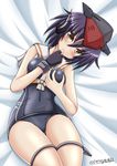  asymmetrical_hair black_hair black_swimsuit breast_hold breasts brown_eyes dakimakura framed_breasts gloves hair_between_eyes hat highres i-13_(kantai_collection) kantai_collection looking_at_viewer lying partly_fingerless_gloves sailor_collar school_swimsuit short_hair single_glove solo swimsuit tamayan 