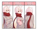  animal_ears bag blush brown_jacket buttons closed_mouth comic crossed_arms fox_ears from_behind gift hair_between_eyes holding holding_gift jacket long_sleeves looking_at_viewer looking_to_the_side original red_eyes red_scarf scarf short_hair silver_hair sleeves_past_wrists suzunari_arare translated upper_body valentine yuki_arare 