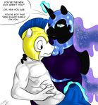  armor big_breasts breasts clothing dialogue digital_media_(artwork) dress equine fandom female friendship_is_magic hair helmet horse male mammal muscular my_little_pony nightmare_moon_(mlp) pants pony precum simple_background size_difference thepainfultruth 