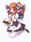  apron bangs black_footwear blouse blush bonkiru brown_hair chocolate commentary_request cosplay curly_hair drill_hair eyebrows_visible_through_hair fleur_de_lapin_uniform food food_on_face frilled_apron frilled_blouse frills full_body gochuumon_wa_usagi_desu_ka? highres loafers long_hair looking_at_viewer maid mixing_bowl open_mouth original over-kneehighs ponytail puffy_short_sleeves puffy_sleeves purple_eyes shoes short_sleeves simple_background solo spatula swept_bangs thighhighs valentine waist_apron white_background white_blouse white_legwear 