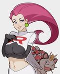  bag blue_eyes breast_hold breasts curly_hair earrings gen_1_pokemon grey_background hair_slicked_back highres holding holding_bag jewelry large_breasts lipstick long_hair looking_at_viewer makeup meowth miniskirt musashi_(pokemon) navel pink_hair poke_ball poke_ball_(generic) pokemon pokemon_(anime) pokemon_(creature) simple_background skirt smile splashbrush 