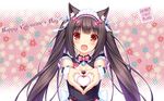  :3 :d animal_ears artist_name bangs bell blunt_bangs bow bowtie brown_eyes brown_hair cat_ears character_name chocola_(sayori) cleavage_cutout english fanbox_reward floral_background hair_ribbon happy_valentine heart heart_hands highres jingle_bell long_hair looking_at_viewer maid maid_headdress name_tag nekopara official_art open_mouth outstretched_arms paid_reward puffy_short_sleeves puffy_sleeves ribbon ribbon_trim sayori short_sleeves slit_pupils smile solo twintails upper_body valentine very_long_hair wallpaper wrist_cuffs 