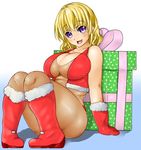  1girl bare_shoulders blonde_hair blush breasts cleavage full_body kumahachi large_breasts looking_at_viewer open_mouth original pantyhose plump purple_eyes sitting smile solo thick_thighs 