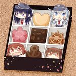  akatsuki_(kantai_collection) anchor_symbol black_skirt blue_eyes blush box box_of_chocolates brown_eyes brown_hair chibi chocolate closed_mouth commentary_request fang flat_cap folded_ponytail hair_ornament hairclip hat hibiki_(kantai_collection) hinata_yuu ikazuchi_(kantai_collection) inazuma_(kantai_collection) kantai_collection long_hair long_sleeves minigirl multiple_girls nanodesu_(phrase) neckerchief open_mouth pleated_skirt ponytail purple_eyes purple_hair school_uniform serafuku short_hair silver_hair skirt valentine wavy_mouth 