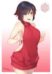  backless_dress backless_outfit bare_shoulders black_hair breasts cowboy_shot dress emblem gradient gradient_background gradient_hair grey_eyes halterneck large_breasts lulu-chan92 meme_attire multicolored_hair naked_sweater red_sweater ribbed_sweater ruby_rose rwby short_hair sideboob silver_eyes solo sweater sweater_dress turtleneck turtleneck_sweater two-tone_hair virgin_killer_sweater 