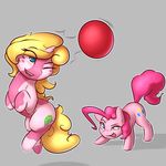  ball blonde_hair blue_eyes captainpudgemuffin cutie_mark duo equine eyelashes fan_character female feral fluffy friendship_is_magic fur hair hooves horn mammal my_little_pony pink_fur pinkie_pie_(mlp) simple_background smile teeth tongue unicorn 