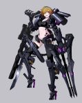  1girl absurdres android asagon007 bayonet blonde_hair chainsaw claws cyborg gun highres huge_filesize mecha multiple_arms navel original prosthesis red_eyes rifle science_fiction sword weapon 