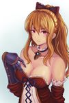  bangs bare_shoulders blonde_hair breasts cleavage dress gauntlets granblue_fantasy large_breasts long_hair looking_at_viewer open_mouth purple_eyes solo vira_lilie yami_kyon_oov 