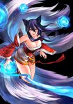  ahri animal_ears bare_shoulders black_background black_hair breasts cleavage detached_sleeves facial_mark fingernails fox_ears fox_tail korean_clothes large_breasts league_of_legends long_hair multiple_tails patipat_asavasena simple_background slit_pupils solo tail tongue tongue_out whisker_markings yellow_eyes 