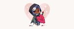  ana_(overwatch) bad_id bad_twitter_id chibi dark_skin eyepatch facial_mark facial_tattoo full_body grey_hair heart holding_needle needle overwatch scissors sewing sewing_needle simple_background solid_circle_eyes solo sparkle spool star tattoo thread tinysnails valentine white_background 