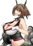  bare_shoulders breasts brown_eyes brown_hair gift_between_breasts huge_breasts kantai_collection mutsu_(kantai_collection) navel short_hair simple_background solo valentine white_background yasu_(yossy) 
