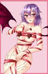  absurdres bad_id bad_pixiv_id bat_wings blush breasts chocolate_on_body chocolate_on_breasts collarbone commentary_request covered_nipples cowboy_shot fang hair_between_eyes heart heart-shaped_pupils highres large_breasts looking_at_viewer naked_ribbon navel nose_blush older parted_lips pink_eyes pointy_ears purple_hair remilia_scarlet ribbon sidelocks solo stomach symbol-shaped_pupils touhou valentine wings zeramu 