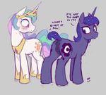  2017 absurd_res anatomically_correct anatomically_correct_pussy animal_genitalia animal_pussy anus blue_hair blush butt dialogue duo english_text equine equine_pussy female feral friendship_is_magic hair hi_res hooves horn mammal multicolored_hair my_little_pony princess_celestia_(mlp) princess_luna_(mlp) pussy selenophile sibling simple_background sister smile text unicorn 