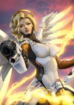  aiming_at_viewer black_gloves blonde_hair blue_eyes bodysuit breasts cloud cloudy_sky cowboy_shot emblem energy gloves glowing glowing_wings gun handgun high_ponytail highres holding holding_gun holding_staff holding_weapon lips looking_at_viewer md5_mismatch mechanical_halo mechanical_wings medium_breasts mercy_(overwatch) nose outdoors overwatch pantyhose pistol ponytail purple_sky realistic revision sky solo spread_wings staff swiss_flag weapon wings yellow_wings zamberz 