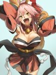  amino_(tn7135) animal_ears bare_shoulders black_legwear blush_stickers breasts cat_ears fangs fate/grand_order fate_(series) japanese_clothes long_hair looking_at_viewer medium_breasts paws pink_hair smile solo tamamo_(fate)_(all) tamamo_cat_(fate) thighhighs 