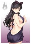  ass backless_dress backless_outfit bare_back black_hair black_sweater blake_belladonna bow breasts butt_crack cowboy_shot dress emblem gradient gradient_background hair_bow halterneck large_breasts long_hair lulu-chan92 meme_attire naked_sweater rwby sideboob solo sweater sweater_dress turtleneck turtleneck_sweater virgin_killer_sweater yellow_eyes 