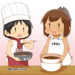  apron black_hair bowl brown_eyes brown_hair capriccyo character_name chef_hat chibi chocolate hat i-401_(kantai_collection) kantai_collection maru-yu_(kantai_collection) mixing_bowl multiple_girls open_mouth ponytail sailor_collar school_swimsuit short_hair short_ponytail spatula swimsuit toque_blanche twitter_username white_school_swimsuit white_swimsuit 