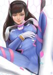  bangs bodysuit breasts brown_eyes brown_hair cameltoe cowboy_shot d.va_(overwatch) eyelashes facial_mark gloves hand_on_own_chest headphones highres honeycomb_(pattern) honeycomb_background light_smile lips long_hair looking_at_viewer md5_mismatch medium_breasts nose overwatch pilot_suit qoiwrng realistic reclining revision solo swept_bangs whisker_markings white_background white_gloves 