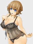  1girl blue_eyes blush bra breasts brown_hair cleavage erect_nipples kumahachi large_breasts open_mouth original panties plump smile solo underwear 