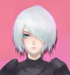  2016 artist_name black_dress dated dress eyelashes eyeliner gradient gradient_background green_eyes hair_over_one_eye highres juliet_sleeves lips lipstick long_sleeves looking_at_viewer makeup nier_(series) nier_automata no_blindfold no_mole nose pink_lips pink_lipstick portrait puffy_sleeves short_hair silver_hair solo turtleneck upper_body xq yorha_no._2_type_b 