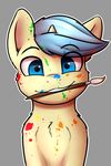  ambiguous_gender blue_eyes blue_hair captainpudgemuffin equine fan_character feral fluffy fur hair horn looking_at_viewer mammal mouth_hold my_little_pony paint paintbrush simple_background smile solo tan_fur unicorn 