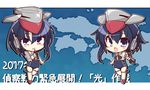  asymmetrical_hair bare_shoulders black_hair black_swimsuit chibi gloves hair_between_eyes hat headphones i-13_(kantai_collection) i-14_(kantai_collection) kantai_collection kisaragi_yuu_(re:lucks) looking_at_viewer multiple_girls open_mouth partly_fingerless_gloves purple_eyes sailor_collar school_swimsuit short_hair swimsuit translation_request 