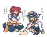  2girls :d =_= animal blush bow breasts bunny commentary dress green_hair happy hat hat_bow hat_ribbon holding holding_animal indian_style juliet_sleeves large_breasts long_sleeves multiple_girls onozuka_komachi open_mouth puffy_sleeves red_hair ribbon shiki_eiki short_sleeves simple_background sitting skirt small_breasts smile squatting terrajin touhou translated trembling two_side_up vest white_background 